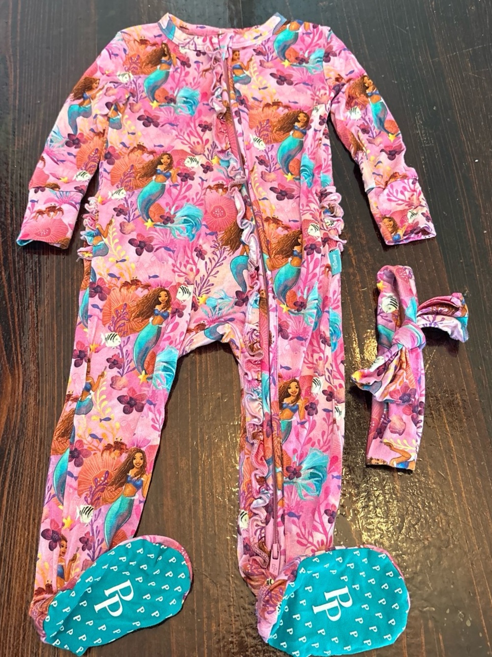 Posh Peanut Pink Mermaid Print Footed One-Piece with Headband